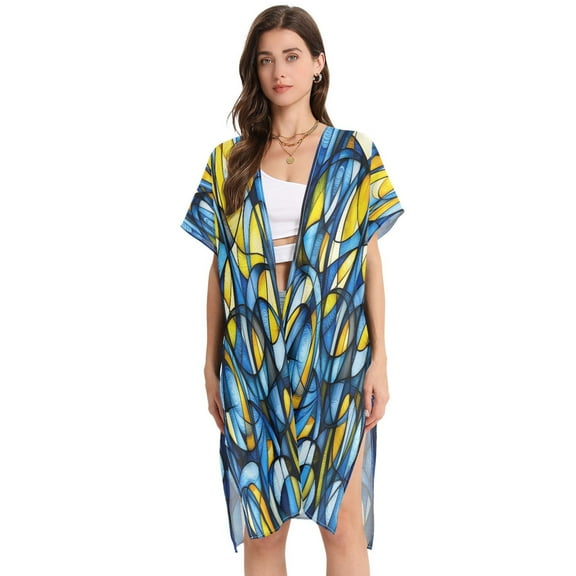 Abstract Blue and Yellow Women's Swimwear Cover Up Summer Cardigan Beach Pool Cover Up Loose for Swimsuits Casual Wear