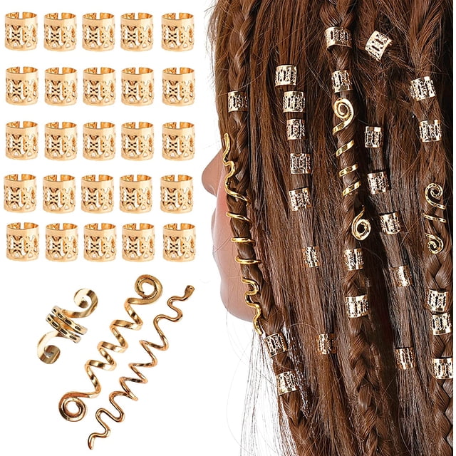accesorios para el cabello xianweishao cuentas de rastas de metal en espiral set dorado con 25 anillos y 3 bobinas; vista de cuentas cilíndricas troqueladas y espirales enrollables sobre fondo blanco y ejemplo aplicado en trenzas castañas, ideal para trenzas y coletas.