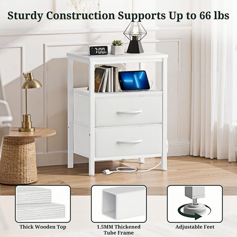 Kelno Nightstand with 2 Fabric Drawers Charging Station Small Bedside Table with Wood Top Open Storage Shelf, White