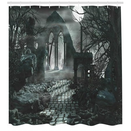 Gothic Shower Curtain Full Moon Over Medieval Temple Ruins At