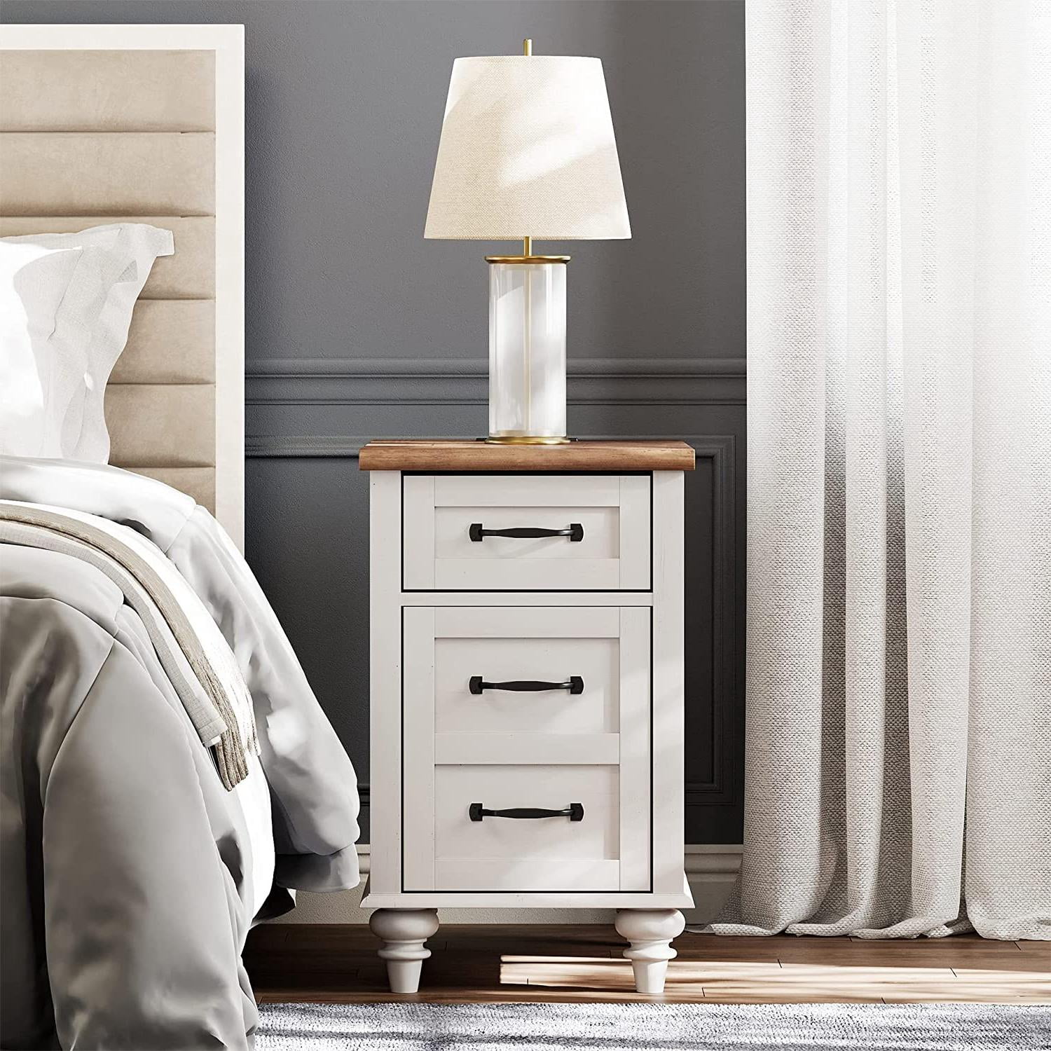 End Table with Charging Station, Wood Side Table with Storage Drawers for Living Room, Bedroom, White