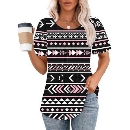 Patlollav Womens Tops Dressy Casual Short Sleeve Shirts Round Neck Summer Pleated Basic Tees Blouse Ladies Tunic Tshirt