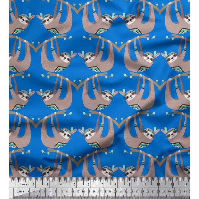 Soimoi Georgette Viscose Fabric Feather,Branch & Sloth Cartoon Print Sewing Fabric Yard 42 Inch Wide