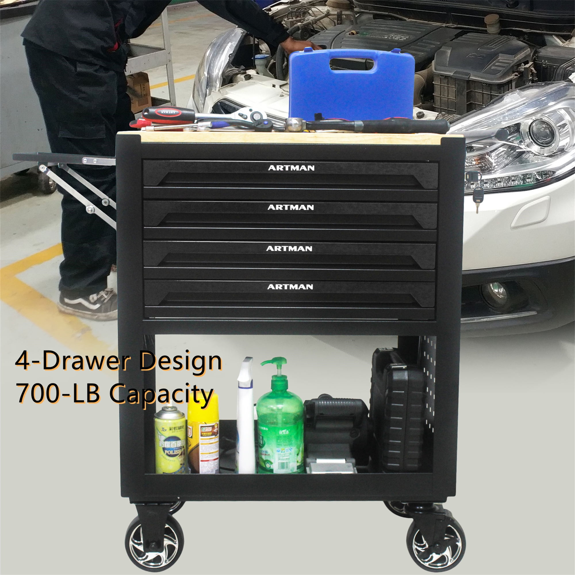 Aukfa 30 inch Mechanic's Tool Cart, 700 LB Capacity 4-Drawer Tool Chest on Wheels for Garage, Black