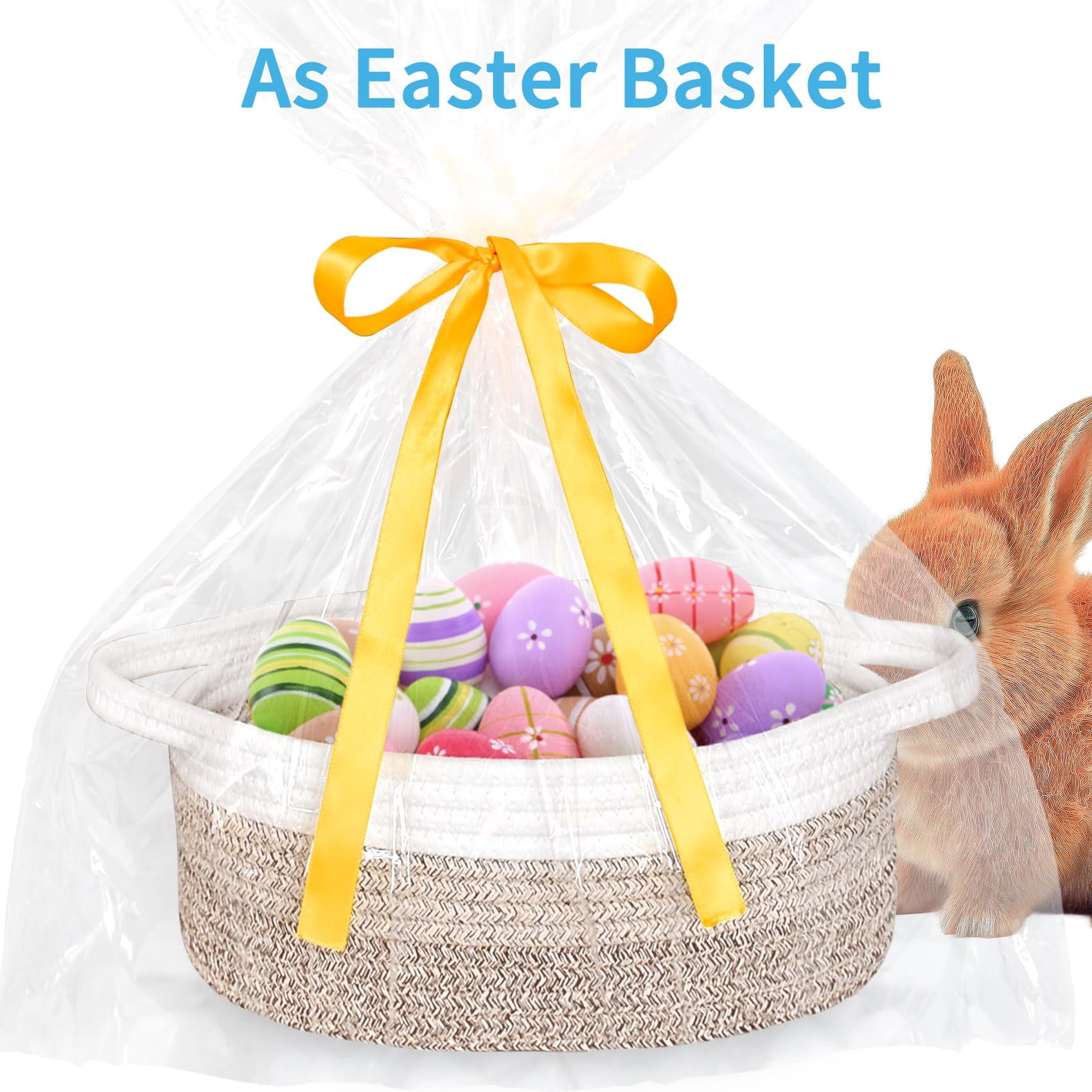 Soft Rope Woven Storage Basket with Handles, Compact Decorative Organizer Bin for Dog & Cat Toys, Shelf Storage & Easter Gift Basket