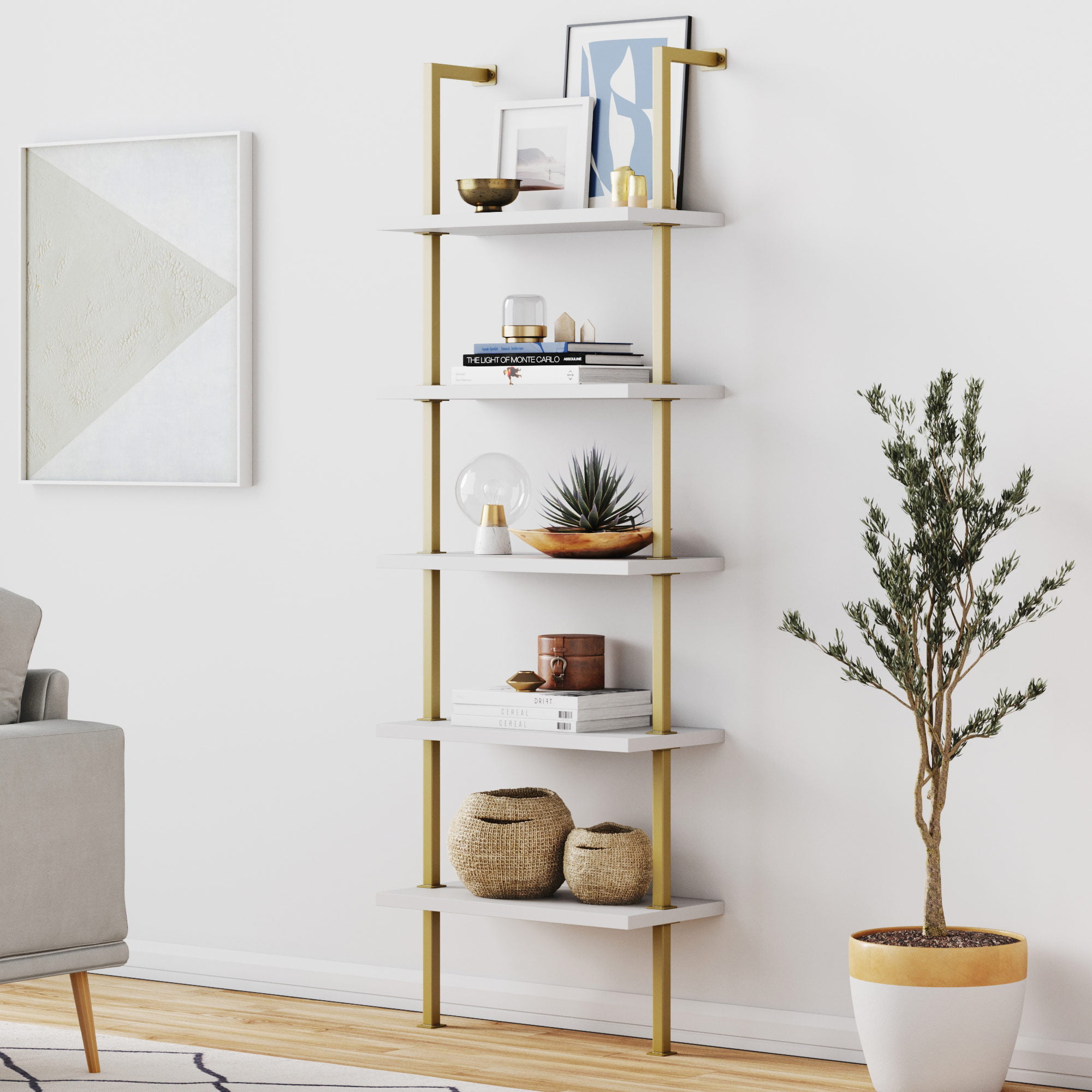 5 Shelf Gold Ladder Bookcase, Bookcase With Doors And Open Shelves