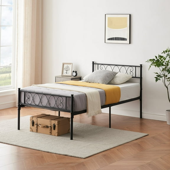 Eastvita 12.2" Metal Bed Frame, Twin Size, with Headboard and Footboard, Durable Steel Slats Support, Black