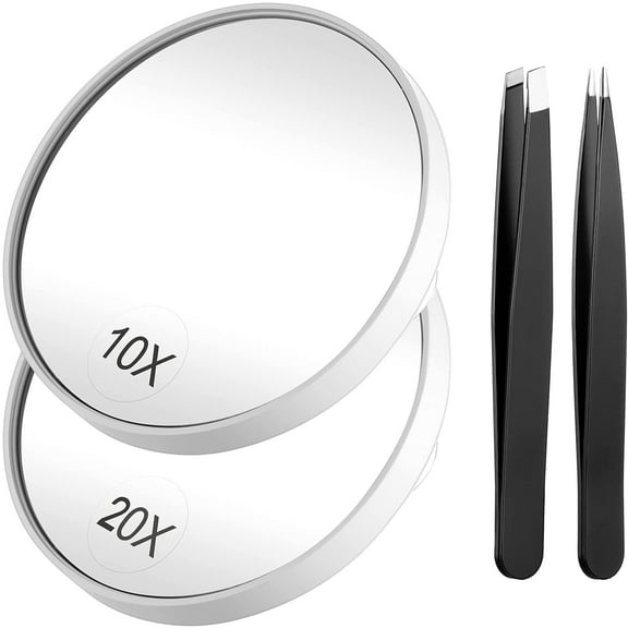 Magnifying Mirror and Tweezers Kit, 10X & 20X Magnifying Makeup Mirrors with 2 Suction Cups, Portable Magnifier Travel Set for Eyebrow Tweezing, Blackhead Blemish Removal, 3.5 Inch (Mirror)