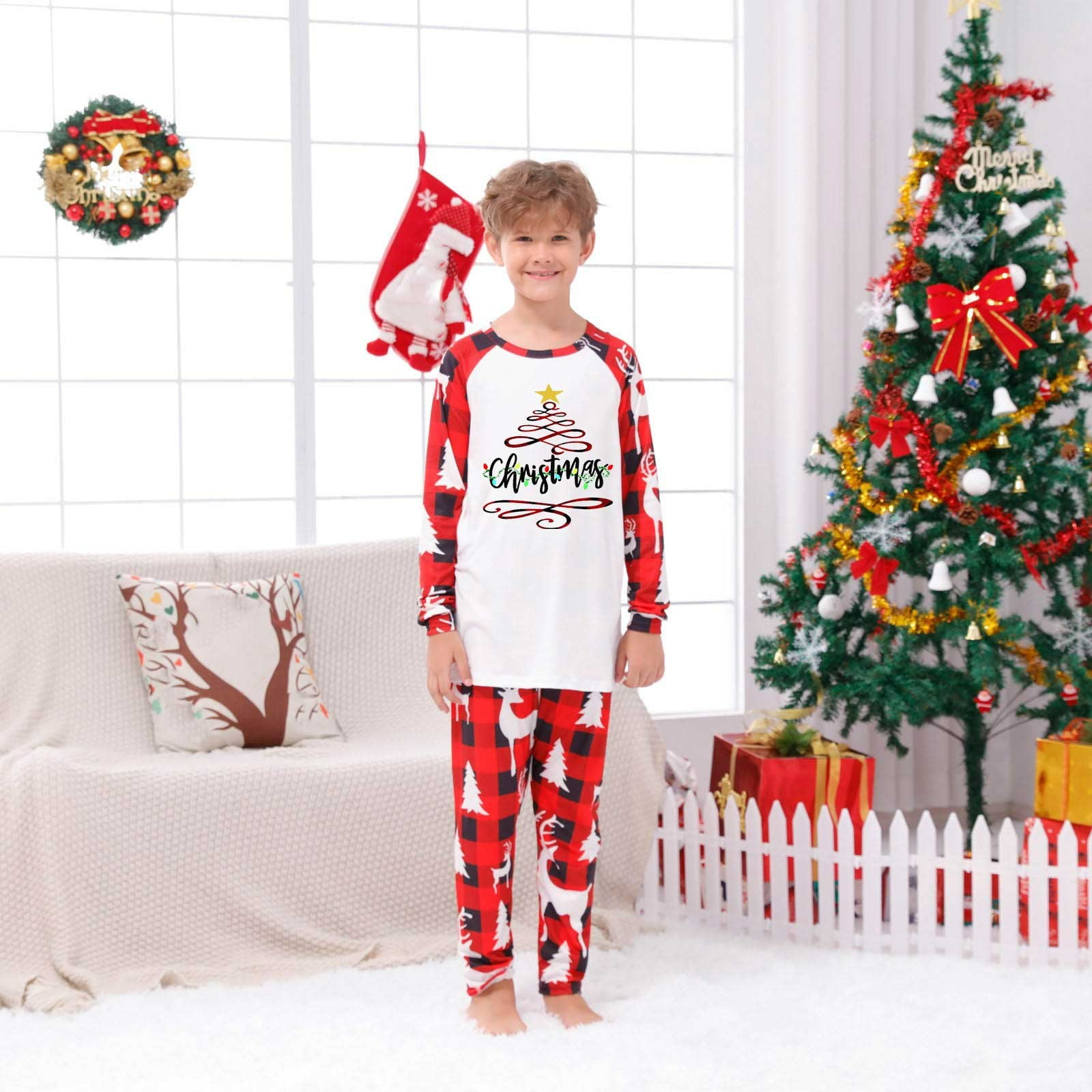 Pisexur Family Christmas Pajamas Fashion Wine Glass Print Pjs Matching Sets Long Sleeve Tops and Pants Holiday Pajamas Plaid Matching Family Outfits