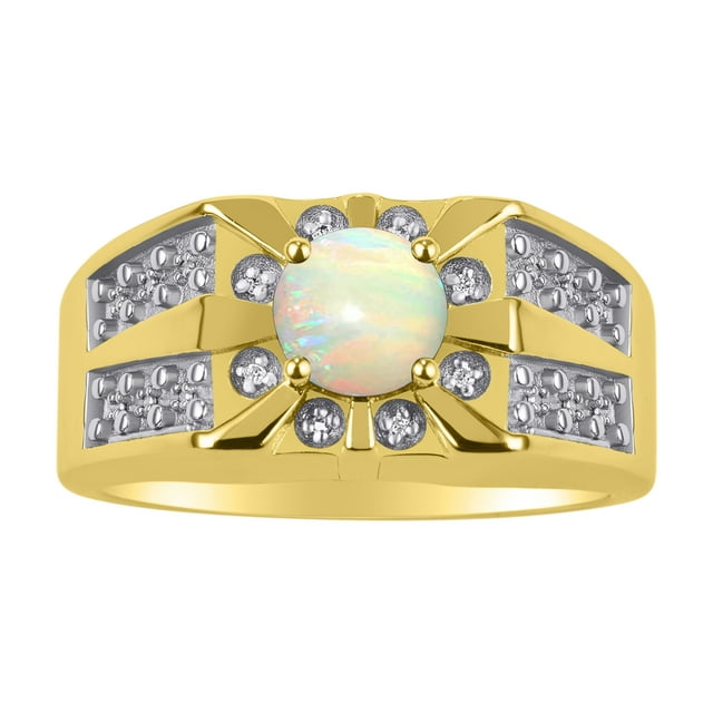 RYLOS Men's Rings Yellow Gold Plated Silver Designer Starburst 7MM Round Gemstone & Diamond Ring Opal October , Size 13