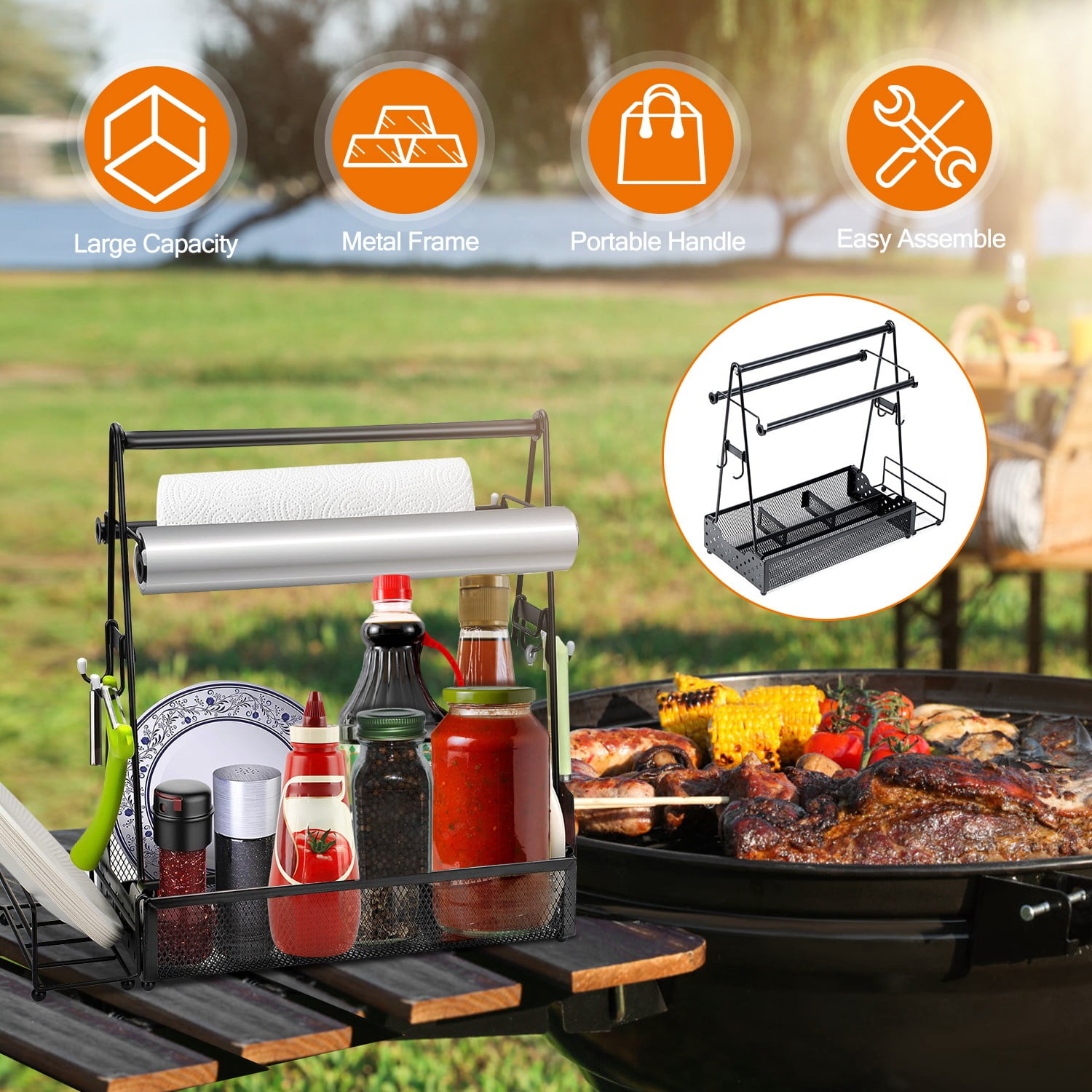 Moclever Utensil Caddy with Paper Holder, Rustproof Metal Grill Caddy for Outdoor Picnic Barbecue Camping, 14.76x6.69x14.96in