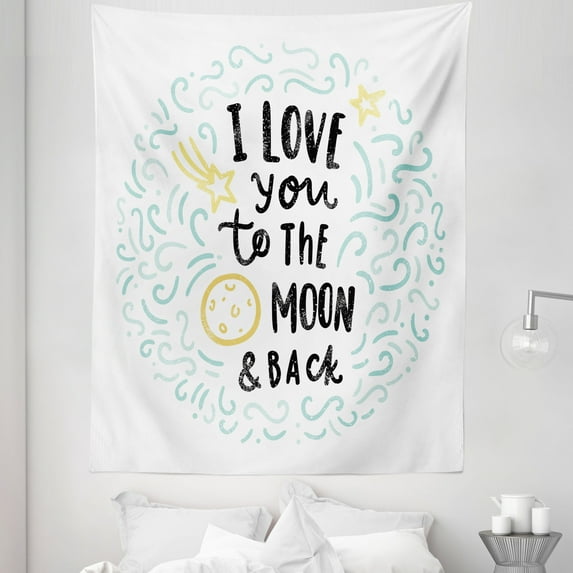 I Love You Tapestry, Cartoon Style Dreams Sibling Love Friends Theme, Fabric Wall Hanging Decor for Bedroom Living Room Dorm, 5 Sizes, Yellow Grey Mint, by Ambesonne