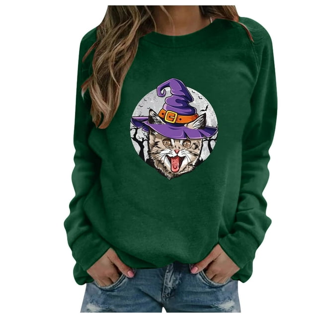 Sweat-shirt Décontracté pour Femmes Imprimé Chat Haut Col Rond Chemisier Halloween Manches Longues Pull Sport Printemps et Automne