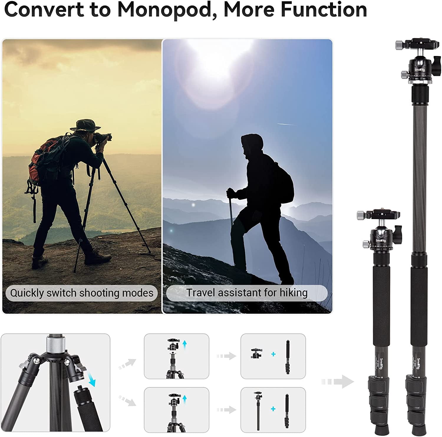 SmallRig 62.2" Carbon Fiber Tripod with Center Column, Travel Lightweight Tripods & Detachable Monopod, 360° Ball Head, Quick Release Plate, Load up to 26.5 lbs/12 kg-4059