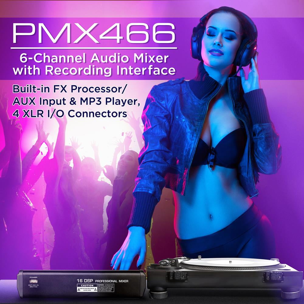 Pyle PMX466 - 6-Channel Audio Mixer w/ Recording Interface - Built-in Multi-FX Processor/AUX Input & MP3 Player, 4 XLR I/O Connectors