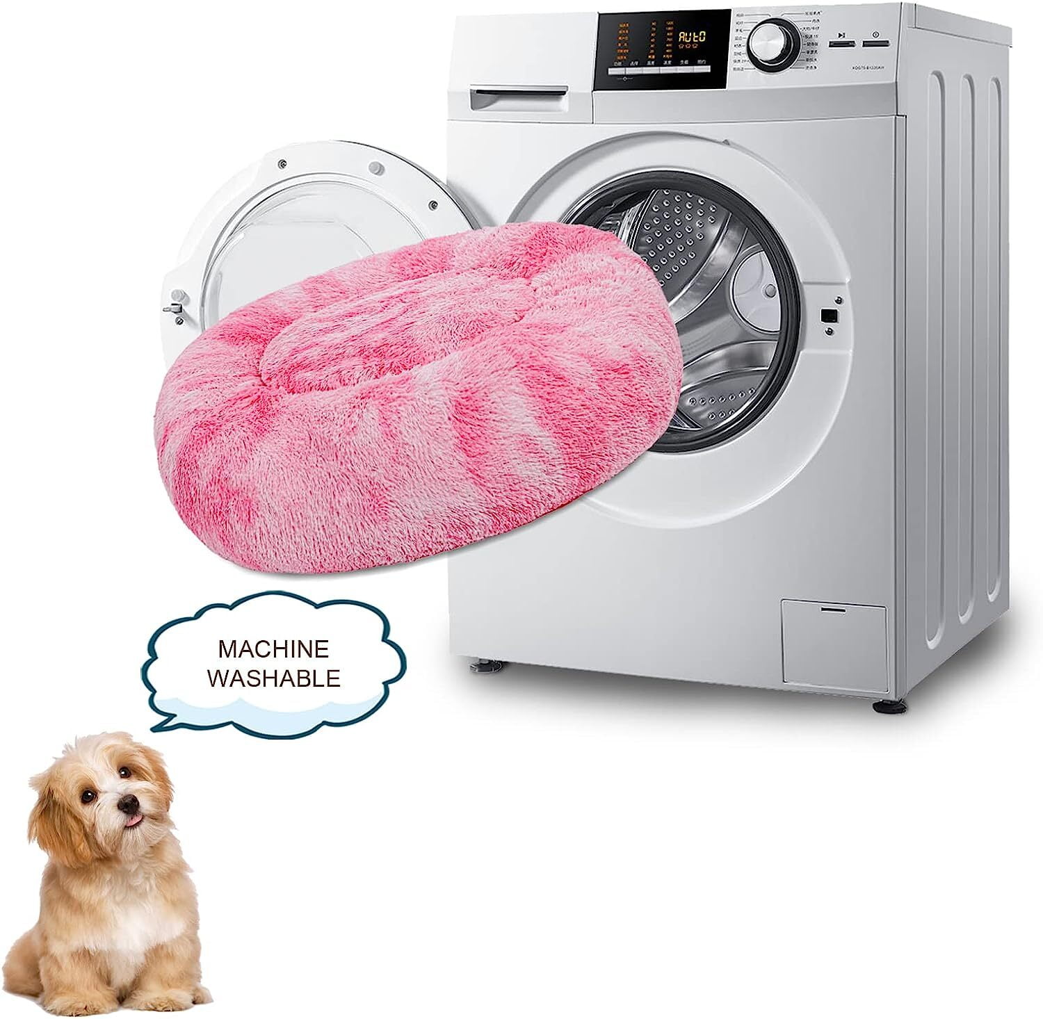 Exclusivo Mezcla Calming Donut Pet Bed for Medium Dogs 24", Anti-Anxiety Plush Cozy Warming Dog Bed, Gradient Pink