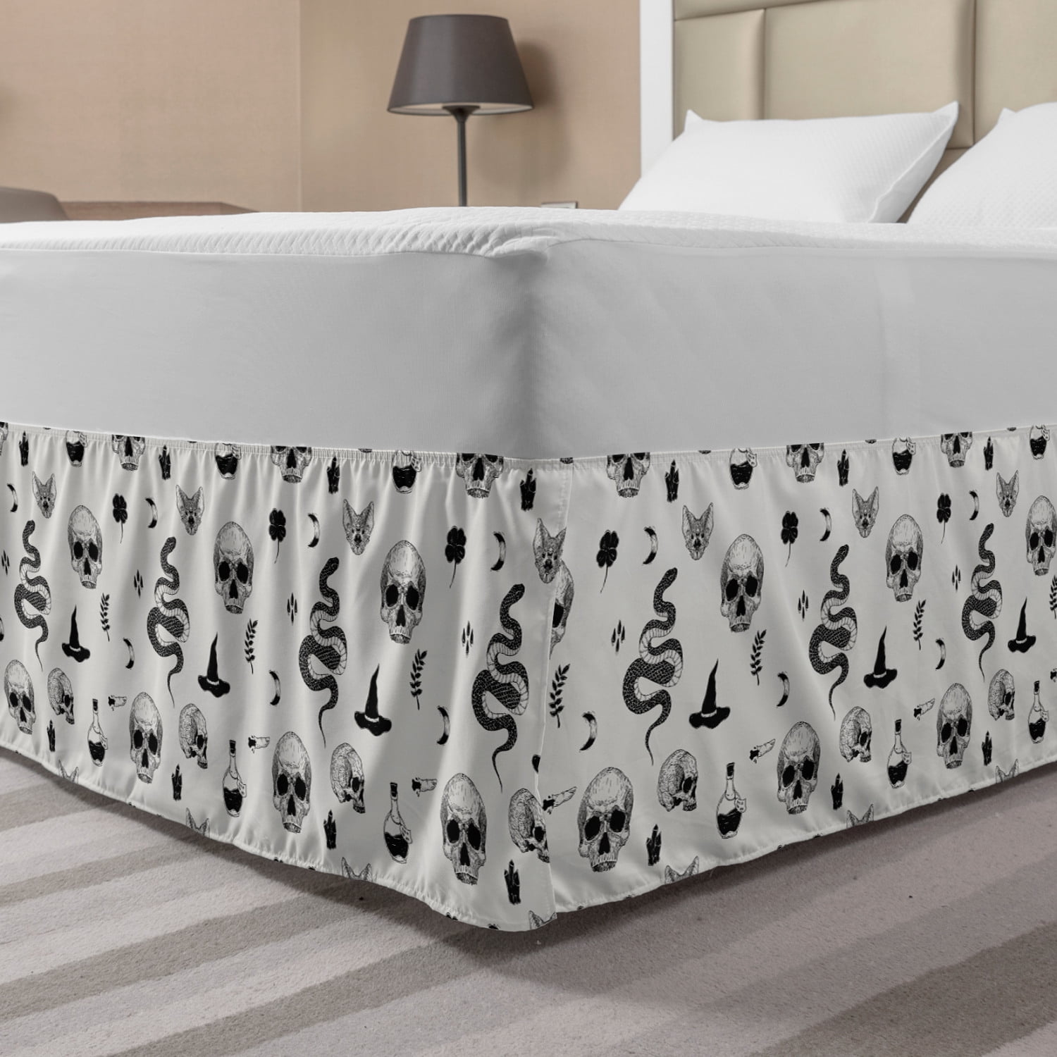 Skull Bed Skirt, Tattoo Style Snake Bat Snake Moon Witch Hat Poison