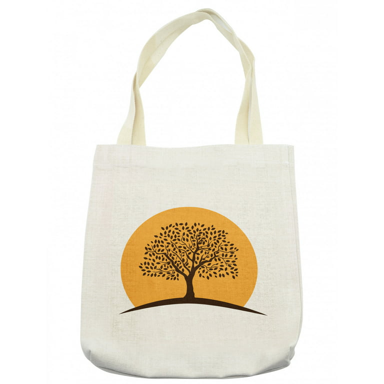 Leaves Tote Bag, Tree of Life Inspired Botany Flora Round Icon Simplistic Print, Cloth Linen Reusable Bag for Shopping Books Beach and More, 16.5 inch