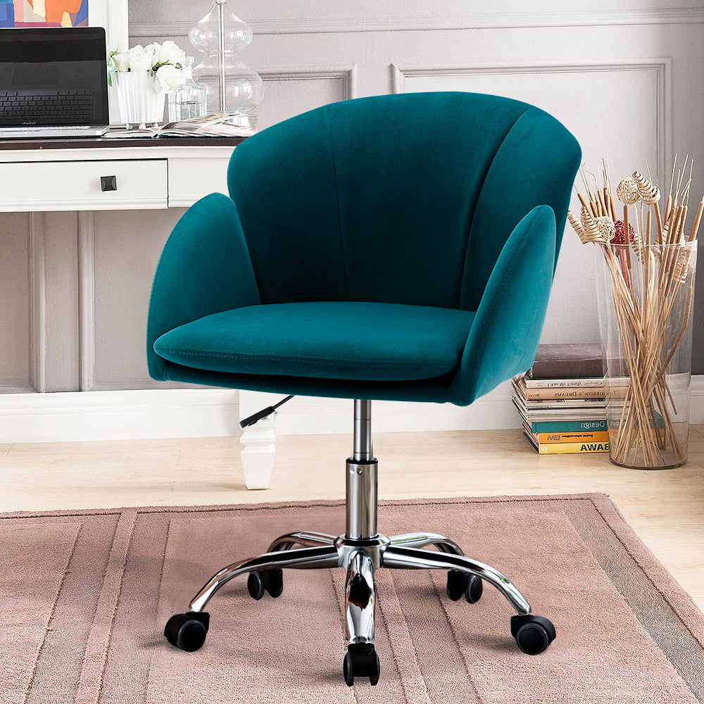Teal Velvet Office Chair on Wheels, Modern Home Ergonomic