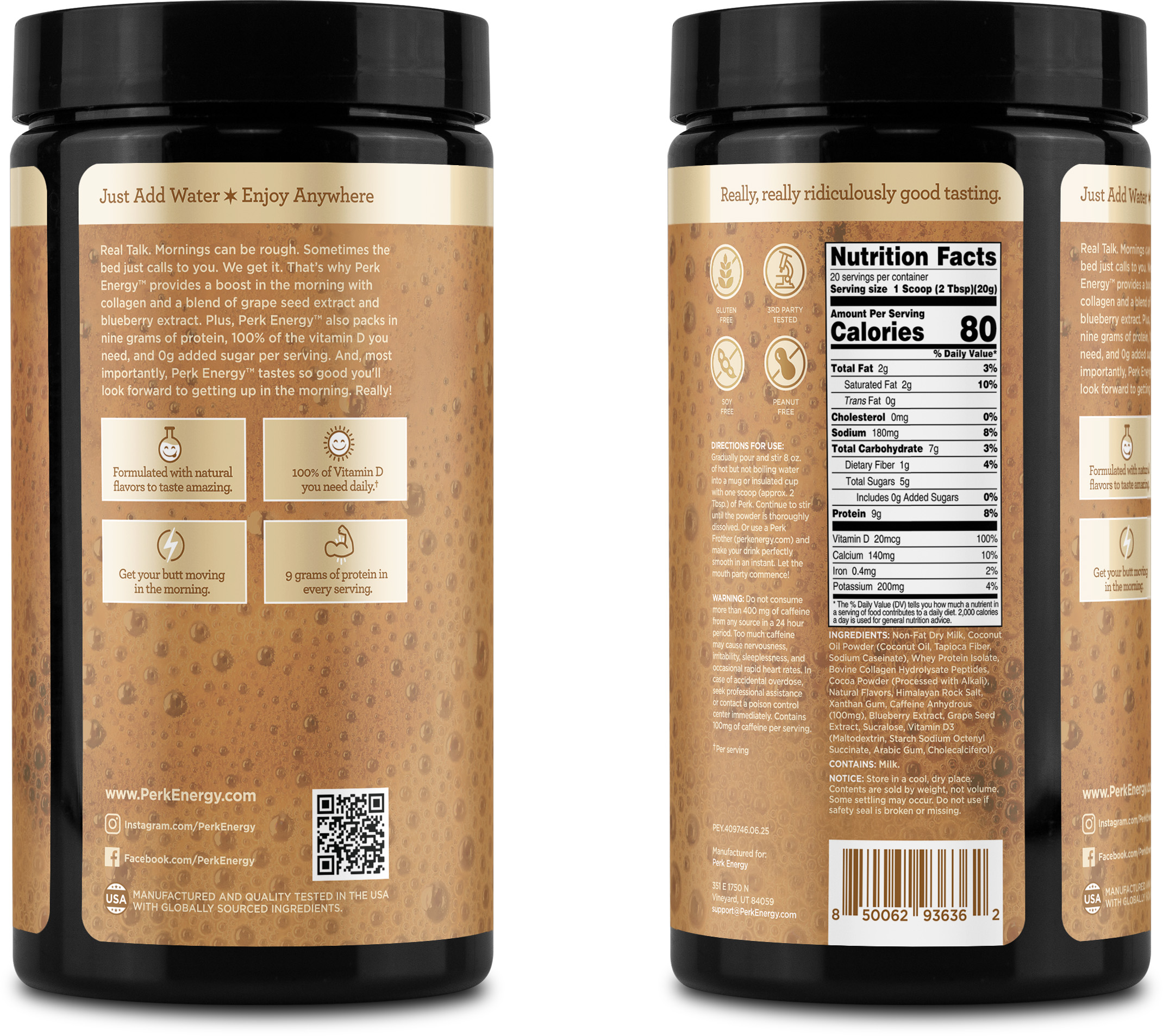 Perk Energy Drink Mix (Tan Mocha Latte) 20 Servings - Caffeinated Healthy Coffee Alternative with Protein, 100mg of Caffeine, Gluten-Free, Soy-Free