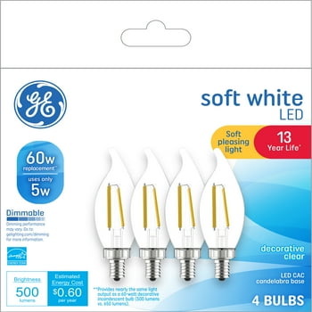 GE Soft White LED Decorative Light Bulb, 60 Watt Eqv, Small Base, 13 year, 4pk
