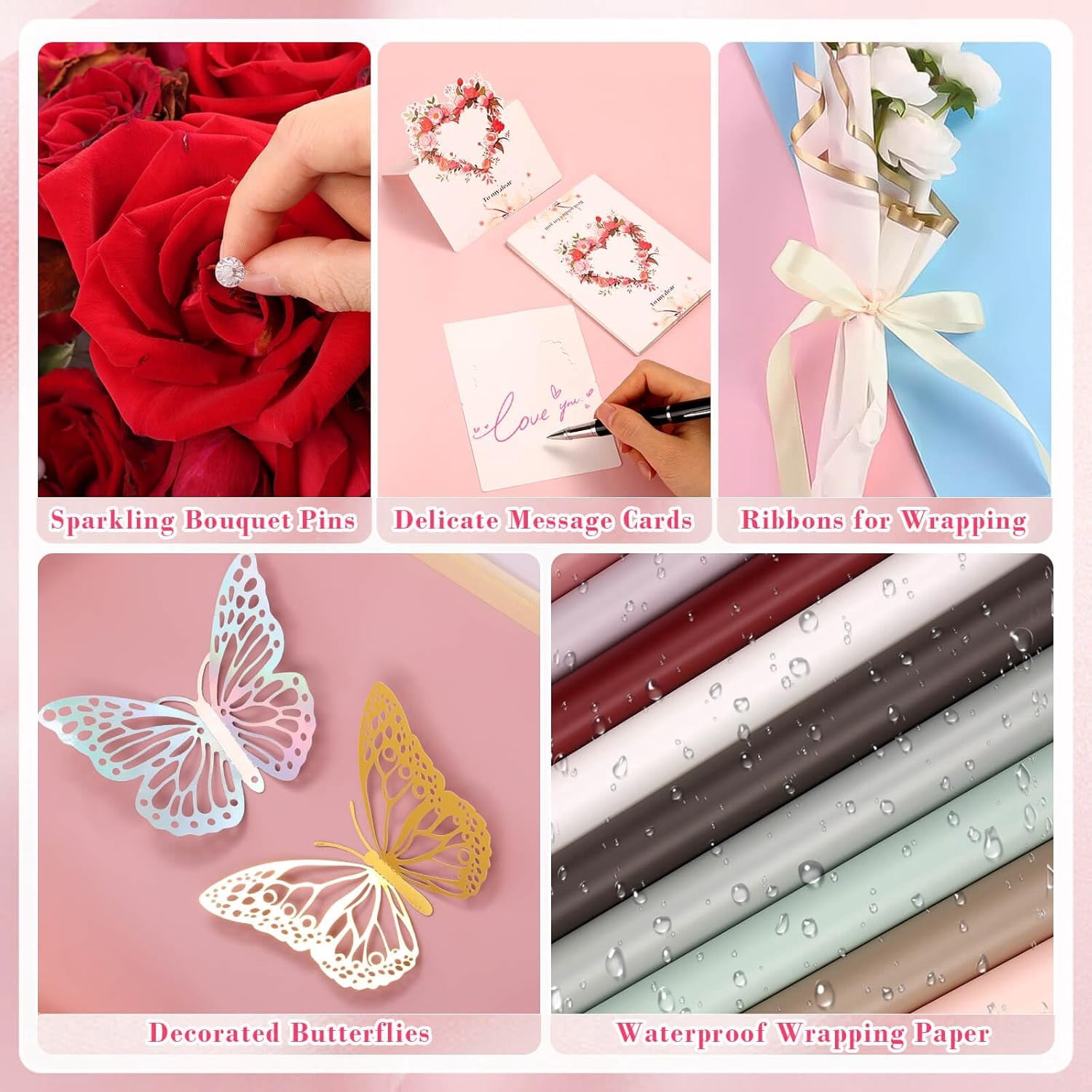 ANHXN  Flower Bouquet Wrapping Paper Kit Includes Floral Paper, Butterflies, Bouquet Pins, Ribbons and Greeting Cards for Mother's Day Wedding Baby Shower Graduation