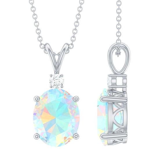 Oval Ethiopian Opal Solitaire Pendant Necklace with Diamond (1 Carat), 925 Sterling Silver