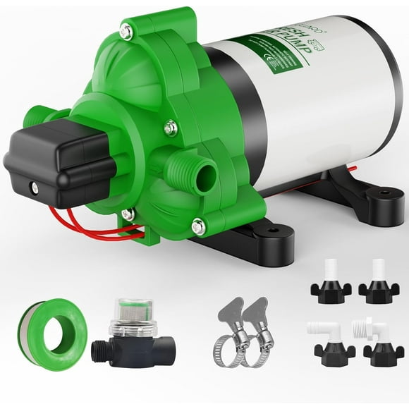 12V DC Self Priming Water Pump, 3.5 GPM 45 PSI, Green Plastic Diaphragm Pump with Strainer Filter, Adapters, for RV, Yacht, Garden, Camper