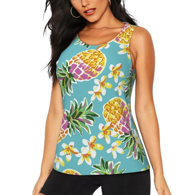 Balery Cute Pineapples Camiseta sin mangas estampada ligera para mujer, tops de entrenamiento sin mangas, camisetas de yoga transpirables de secado rápido.-Small