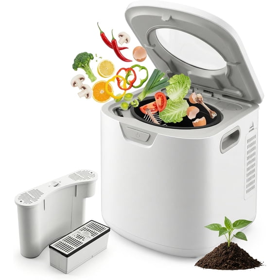 NutriChef 4-Quart Electric Kitchen Composter, Smart Countertop Indoor Compost Bin with 2 Odorless Carbon Filters, 3 Volume Modes, White