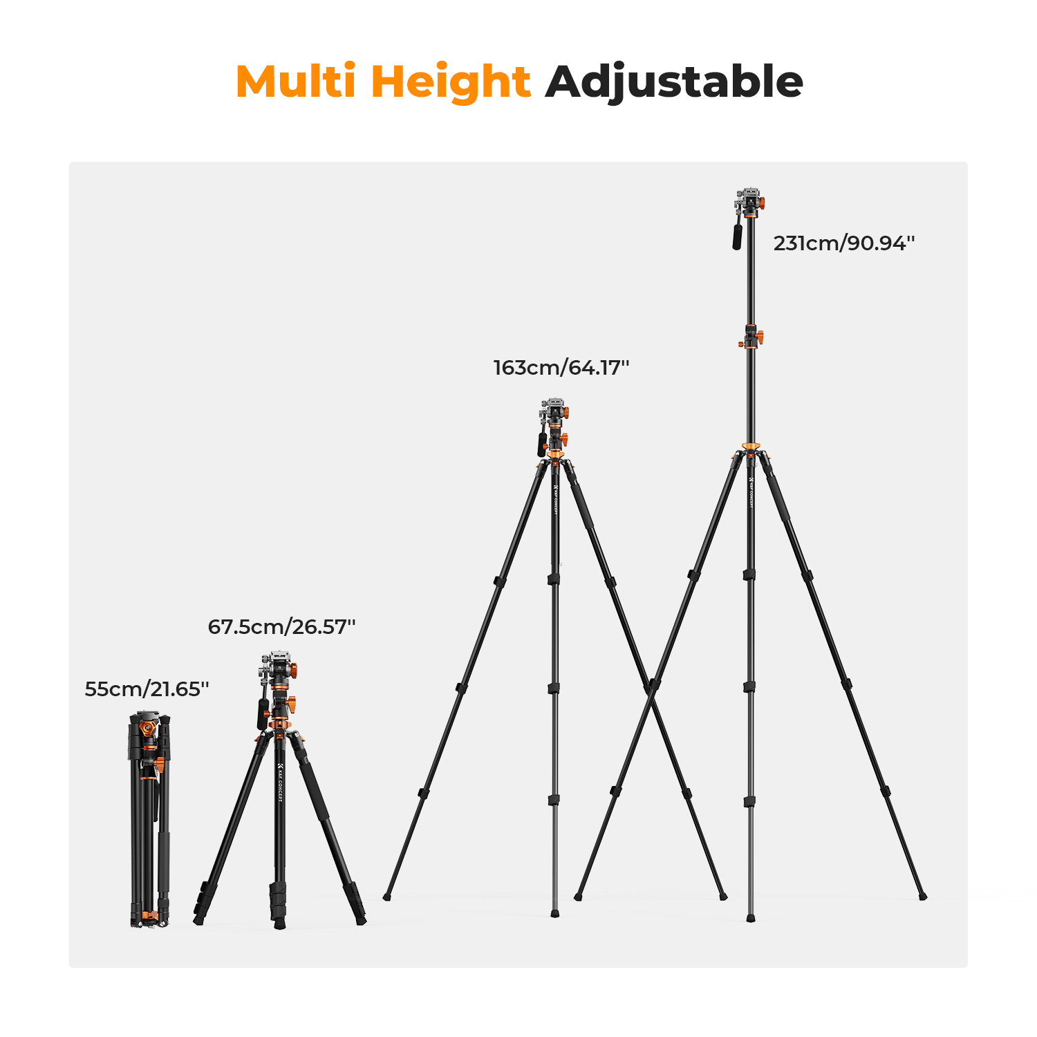 K&F Concept 91 inch/2.3m fluid head tripod video tripod Reversible Detachable Monopod Transverse Center Column horizontal 360 ° panoram