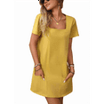 thumbnail image 2 of Ladies Solid Color Square Neck Short Sleeve Fashion Casual Pocket Dress Yellow S, 2 of 9