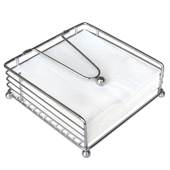 Weighted Iron Square Napkin Holder, 7" x 7" Cocktail Paper Napkin Dispenser with Arm for Dining Table, Kitchen & Outdoor Decor, Rustic Silver