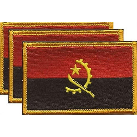 Pack of 3 Country Flag Patches 3.50" x 2.25", Three International Embroidered Iron On or Sew On Flag Patch Emblems (Angola)