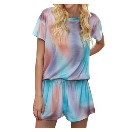 

TZNBGO Womens Sets 2 Piece Outfits Women Short Sleeve Tie-dye daily Pajama Set 2 Piece Outfits Pajama Set Summer Fashion Tie Dye Print Homewear Pajamas Casual Outfit Blue XL Sexy Two Pieces Out A2552