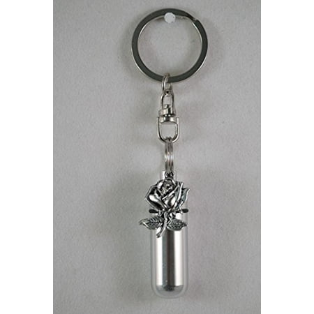 Silver Photo Key Tag - Silver Rose - Cremation Urn Keepsake on Stainless Steel Swivel Key Chain - Includes Velvet Pouch and Fill-Kit