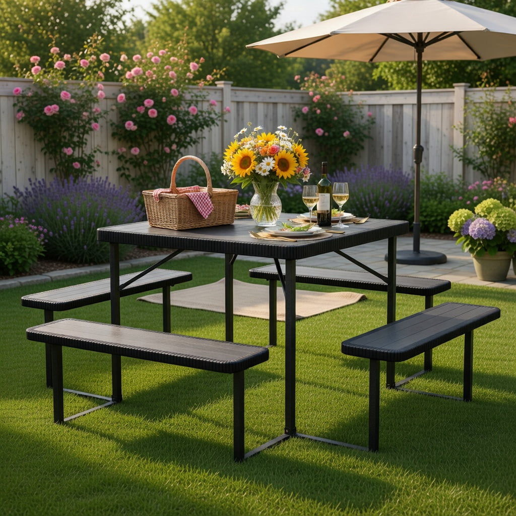 Hommoo Outdoor Square Picnic Table Set with Umbrella Hole, HDPE & Metal, Seats 4–8, Weather-Resistant Patio Dining Set, Black