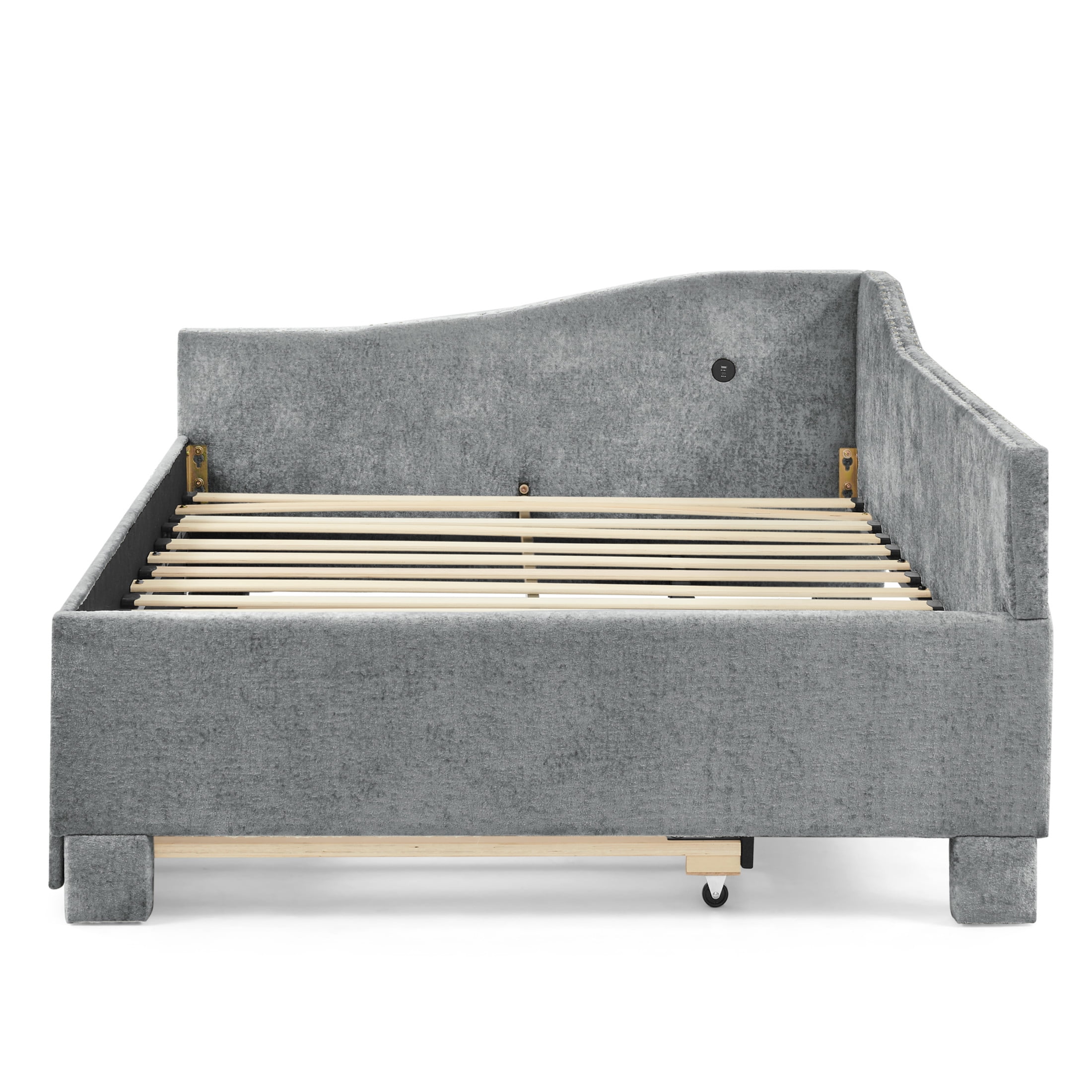 Noble House Phineas Twin Size Chenille Padded Daybed, Sofa Bed Frame with Twin Trundle and Charging Port, Grey