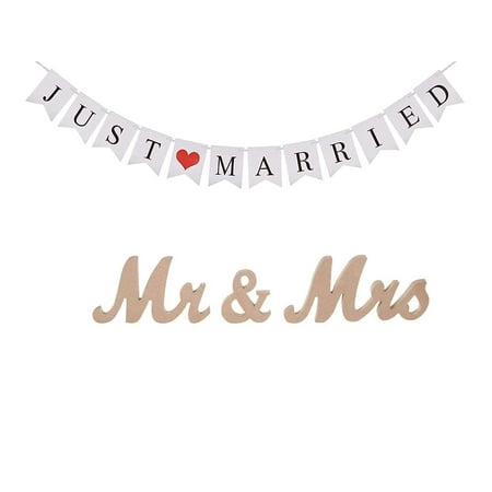 KINNO Mr and Mrs Sign & Just Married Banner,Mr & Mrs Signs for Wedding Table,Large Wooden Letters for Sweetheart Table,Photo Props Wedding decorations for Anniversary,Wood Color