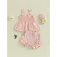 thumbnail image 2 of BemeyourBBs Newborn Baby Girl Summer Clothes Infant Baby Girls Summer 2 Pieces Outfit 0 3 6 12 18 Months Eyelet Hollow Smocked Pleated Tank Babydoll Shirt Tops and Ruffle Shorts Set, 2 of 9
