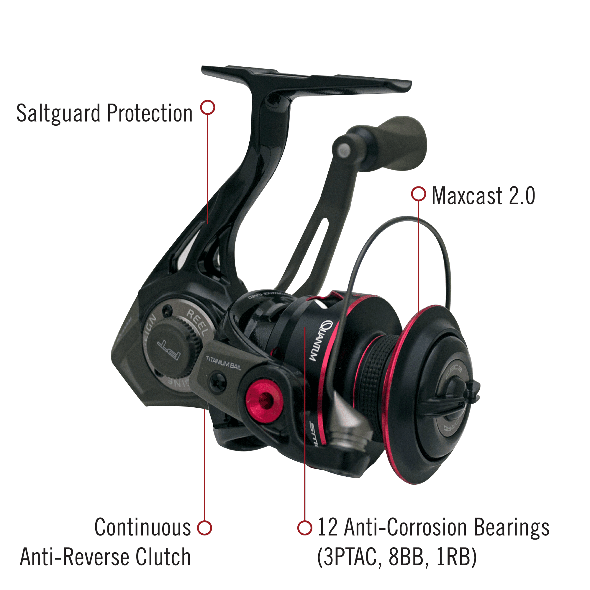 Quantum Smoke Spinning Fishing Reel, Size 30 Reel, Changeable Right- or  Left-Hand Retrieve, Continuous Anti-Reverse Clutch with NiTi Indestructible  Bail, SCR Alloy Frame, 6.0:1 Gear Ratio, Black 