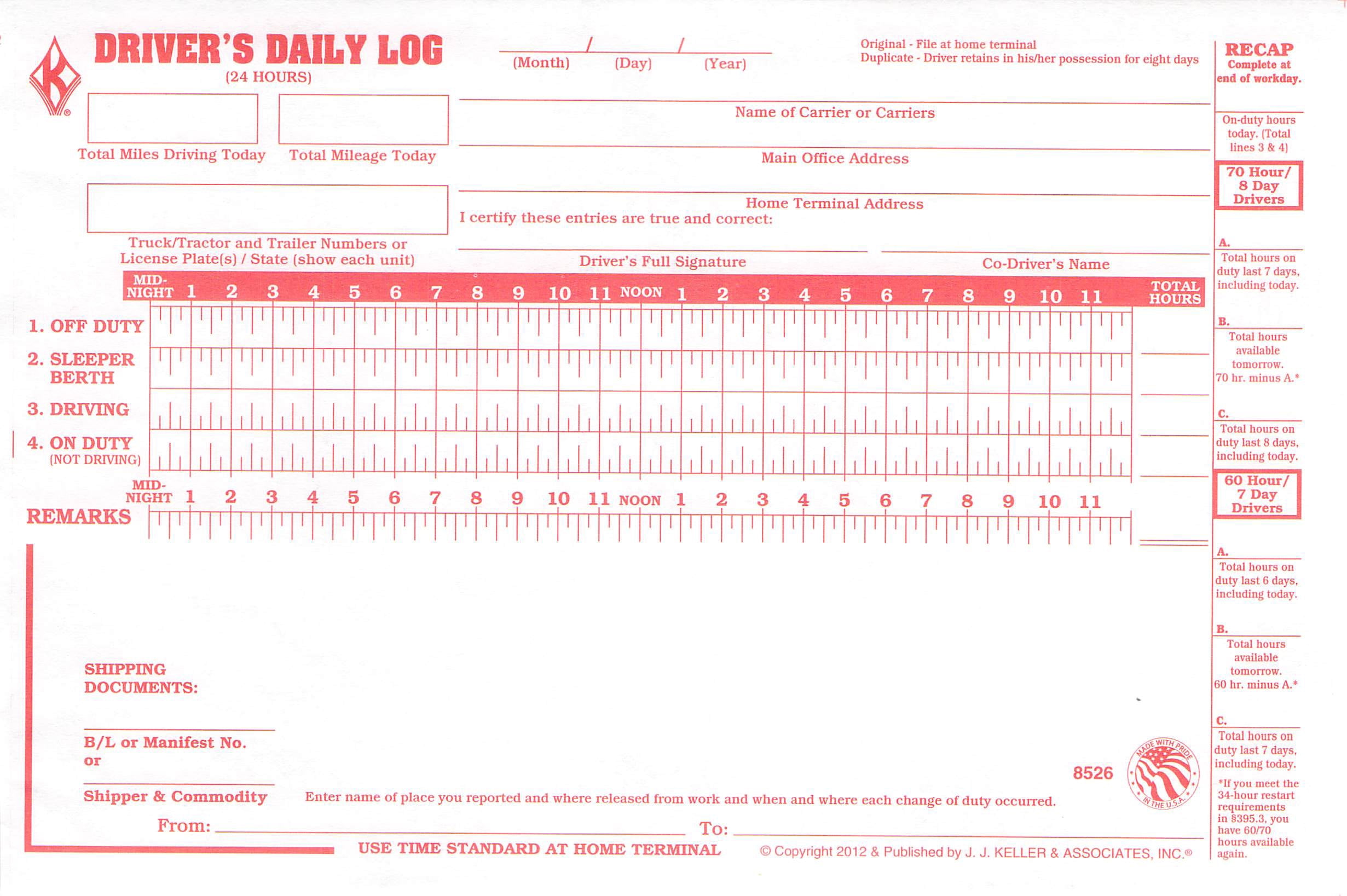Keller 8526 701L Duplicate Copy Driver's Daily Log Book Carbonless J.J Pac... 