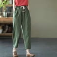 thumbnail image 5 of Pantalones harén de lino y algodón de moda para mujer, pantalones holgados de cintura alta elásticos hasta los tobillos, pantalones casuales sólidos con bolsillos retro para mujer, 5 of 5