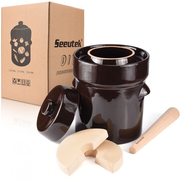 Seeutek Pot de Fermentation 5 Litres / 1,3 Gallon - Pot en Grès pour la Fermentation, le Marinade du Kimchi, les Marinades, les Légumes, le Kombucha - Fermenteur Glacé avec Poids en Pierre, Couvercle et Tampon pour Marinades