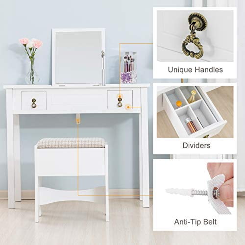 Makeup Vanity With Flip Top Mirror Vanity Table Set Cushioned Stool 2 Drawers 3 Removable Organizers Writing Desk Bedroom Bathroom Furniture Kids Bedroom Furniture White Walmart Com Walmart Com