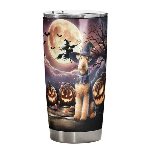 Spooky Halloween Night Witch Airedale Terrier Glowing Pumpkins 20oz Stainless Steel Tumbler Insulated Cup with Lid Dale Waterside Dog Lover - 12015