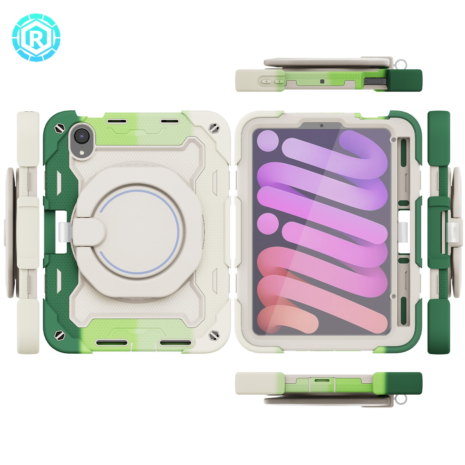 3-in-1 Case for Apple iPad Mini 2021 (8.3 Inch, 6th Generation) Tablet - Shockproof Drop Proof Rugged Cover, Built-in Pencil Holder /Kickstand /Handle, Protective Hard Shell (Rainbow Green)