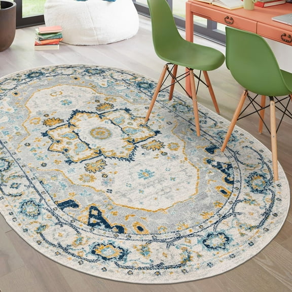 Unique Loom Madeline Vintage Collection Area Rug - Jackson (7' 10" x 10' Oval Gray/Navy Blue)