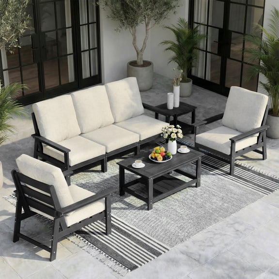 Harbweb 7-Piece HDPS Outdoor Sofa Patio Furniture Set, Black Frame with Beige Cussion