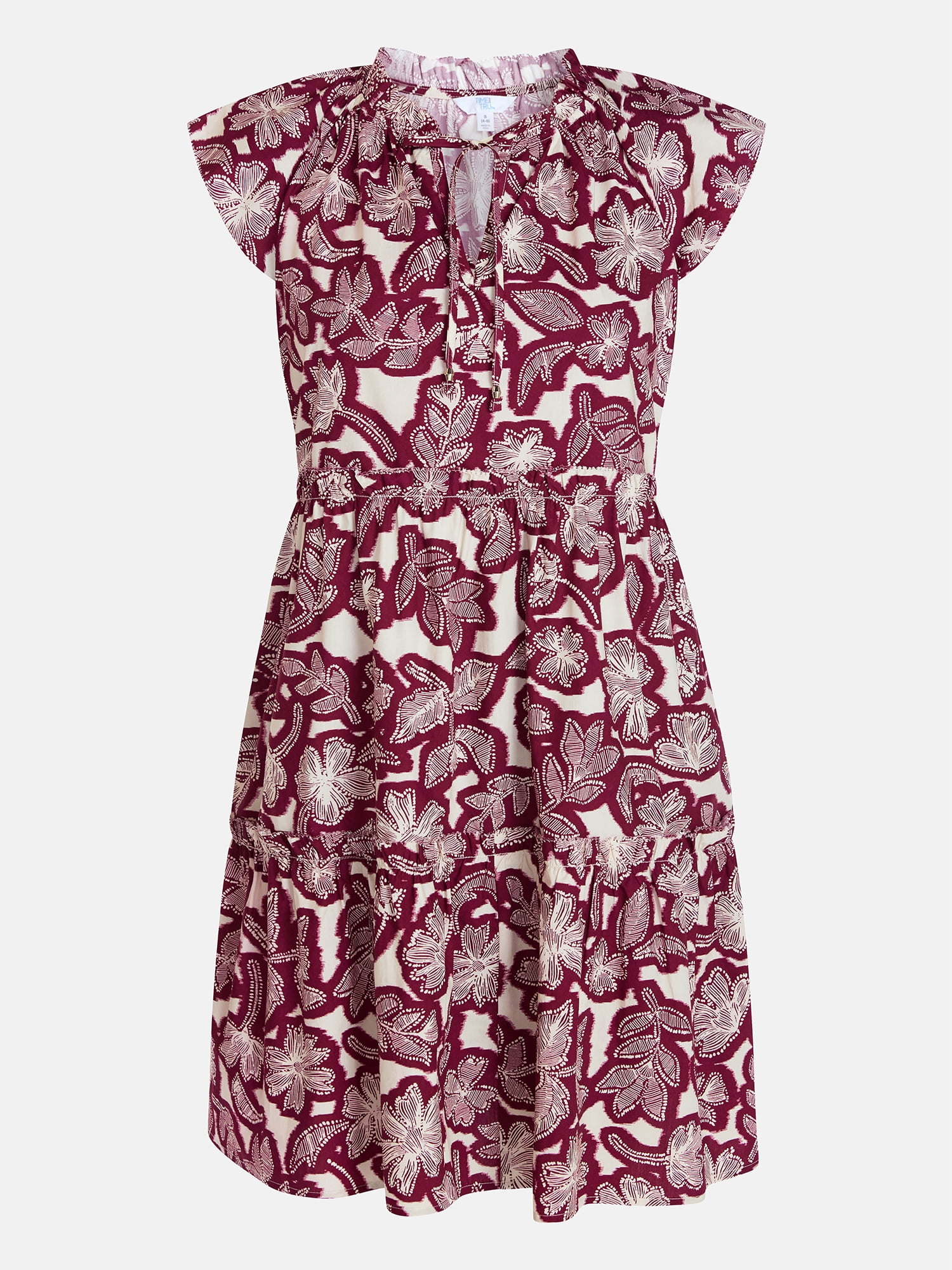 Time and Tru Women's and Women's Plus Tiered Cotton Mini Dress with Flutter Sleeves, Sizes XS-4X